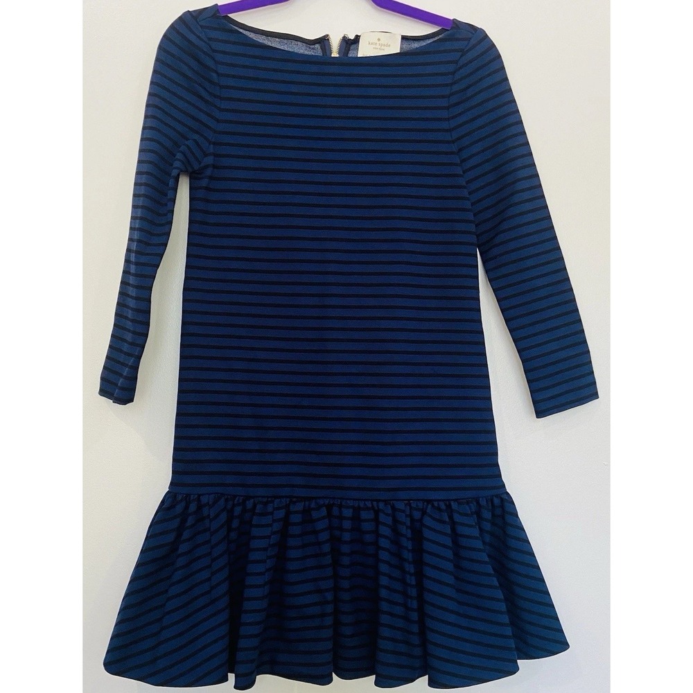 Kate Spade Burke Striped Mini Dress Navy Blue Black Ruffle Hem Size 00 Preppy
